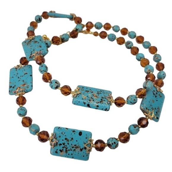 Vintage Joan Rivers Blue Turquoise & Smoky Topaz Gold Necklace - Picture 7 of 10